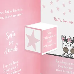 Geboortekaart drieluik zebra meisje tweeling