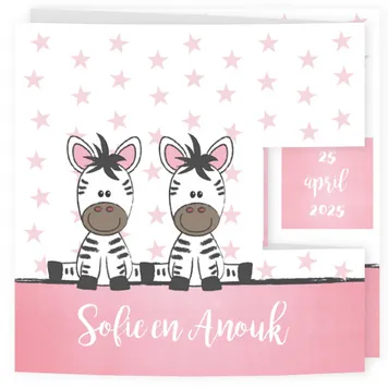 Geboortekaart drieluik zebra meisje tweeling