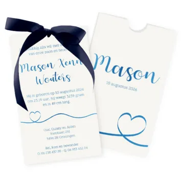 Geboortekaart hoesje blauw folie donker blauwe strik