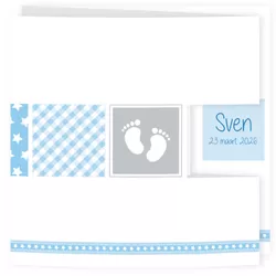 Geboortekaartje drieluik jongen met vakjes op parelmoerpapier
