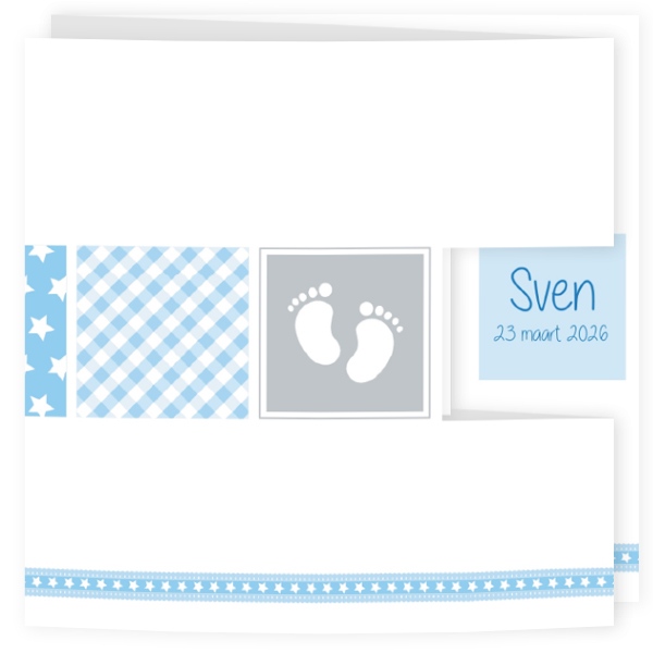 Geboortekaartje drieluik jongen met vakjes op parelmoerpapier