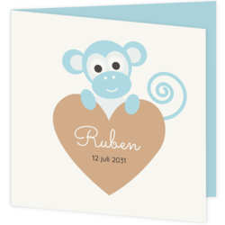 Lief geboortekaartje jongen met eenvoudige illustratie van een aapje achter een groot hart