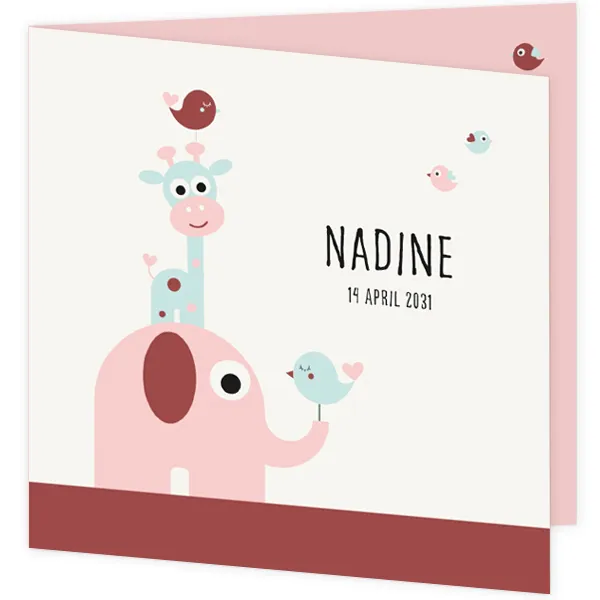 Vrolijk geboortekaartje voor een meisje met een torentje van dieren olifant, giraf en vogeltjes