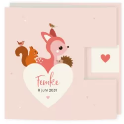 Drieluik geboortekaartje voor een meisje met groot hart en dieren hertje eekhoorn egel en vogeltjes