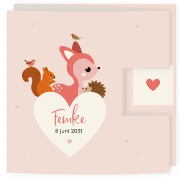 Drieluik geboortekaartje voor een meisje met groot hart en dieren hertje eekhoorn egel en vogeltjes
