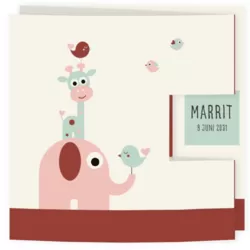 Drieluik geboortekaartje voor een meisje met torentje van dieren olifant giraffe en vogeltjes