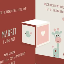 Drieluik geboortekaartje voor een meisje met torentje van dieren olifant giraffe en vogeltjes