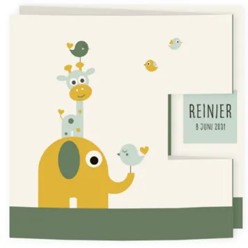 Drieluik geboortekaartje voor een jongen met torentje van dieren olifant giraffe en vogeltjes