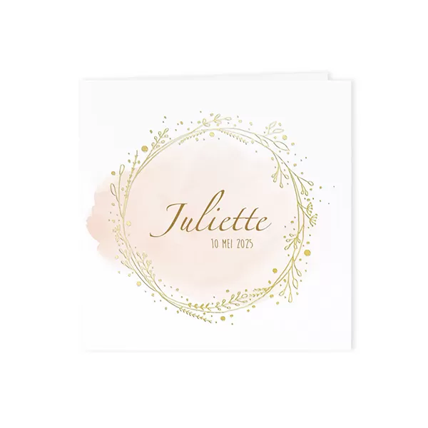 Soft roze geboortekaartje met goudfoliekrans