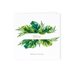 Boho geboortekaartje met groene tropical bladeren