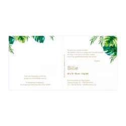 Boho geboortekaartje met groene tropical bladeren