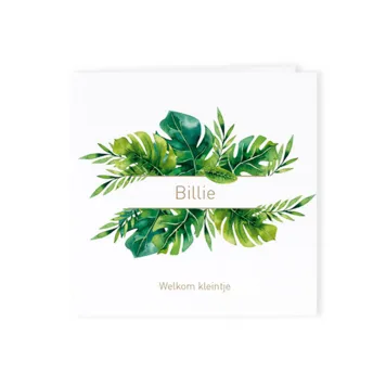 Boho geboortekaartje met groene tropical bladeren
