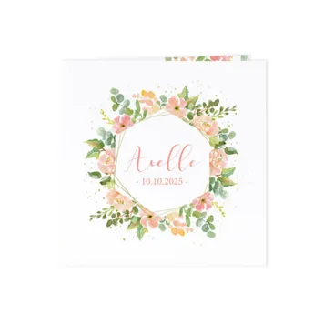 Geboortekaart met kleurrijke aquarel bloemenkrans en goudfolie