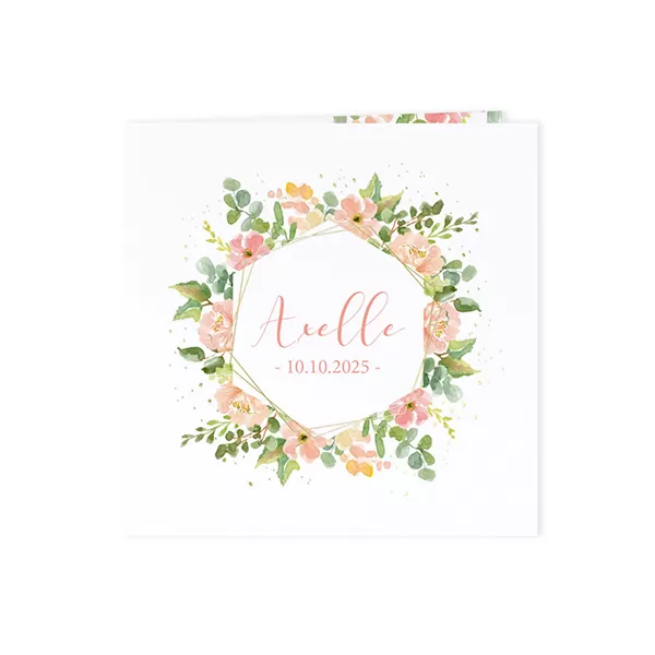 Geboortekaart met kleurrijke aquarel bloemenkrans en goudfolie