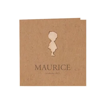 Bruin eco geboortekaartje met houten silhouet jongen