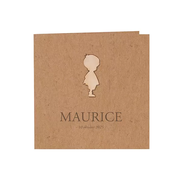 Bruin eco geboortekaartje met houten silhouet jongen