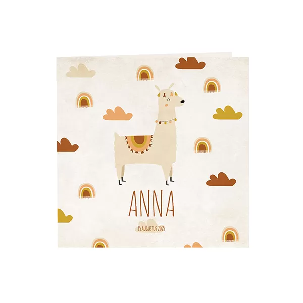 Vrolijke alpaca geboortekaart met wolkjes