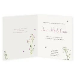 Geboortekaart bloemen in paarstinten met goudfolie