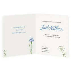 Geboortekaart bloemen in blauwtinten met goudfolie