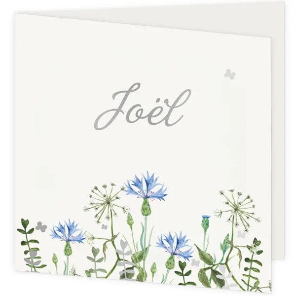 Geboortekaart bloemen in blauwtinten met goudfolie