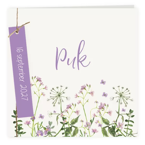 Geboortekaart bloemen in paarstinten met label