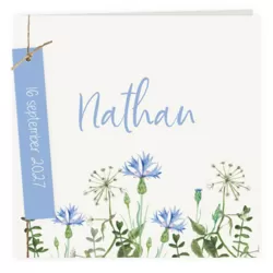 Geboortekaartje bloemen in blauwtinten met label