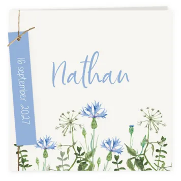 Geboortekaart bloemen in blauwtinten met label