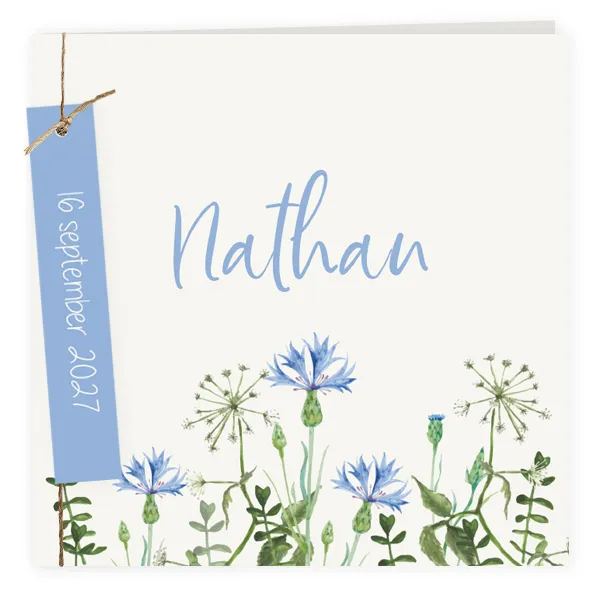 Geboortekaart bloemen in blauwtinten met label