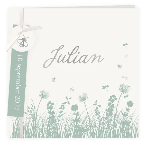 Geboortekaart bloemenveld met labels jongen