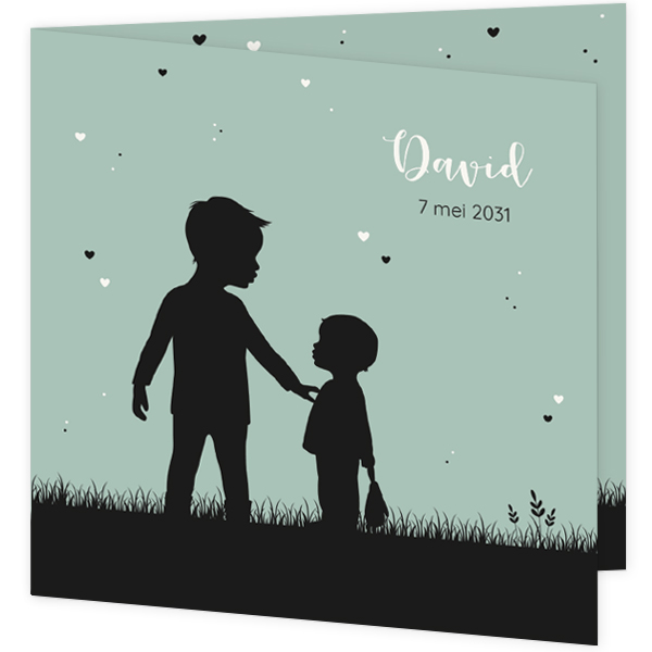 Silhouet geboortekaartje voor een jongen met silhouet van een jongen en broertje.