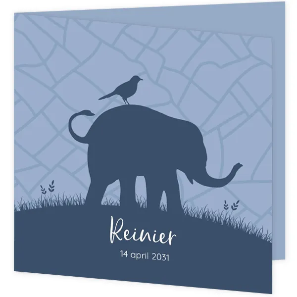 Trendy geboortekaartje met silhouet van een olifantje met vogel
