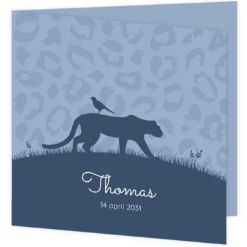 Mooi geboortekaartje met silhouet van een luipaard met vogel