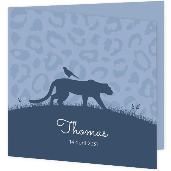 Mooi geboortekaartje met silhouet van een luipaard met vogel
