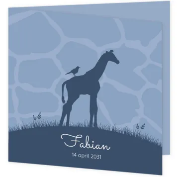 Trendy geboortekaartje met silhouet van een giraf met vogel