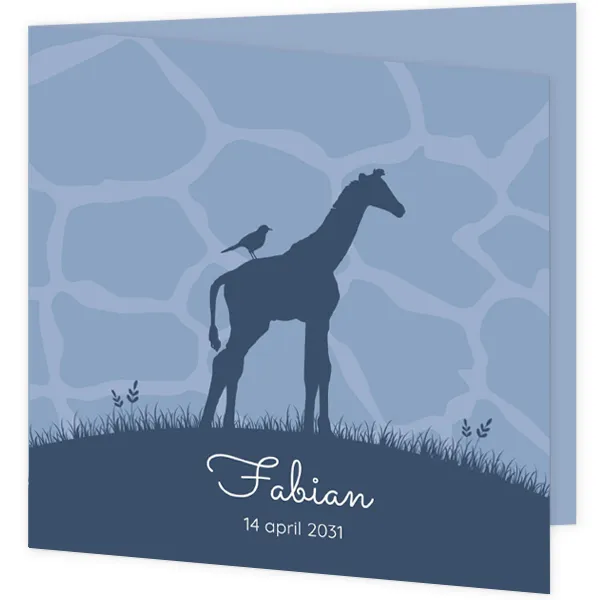Trendy geboortekaartje met silhouet van een giraf met vogel