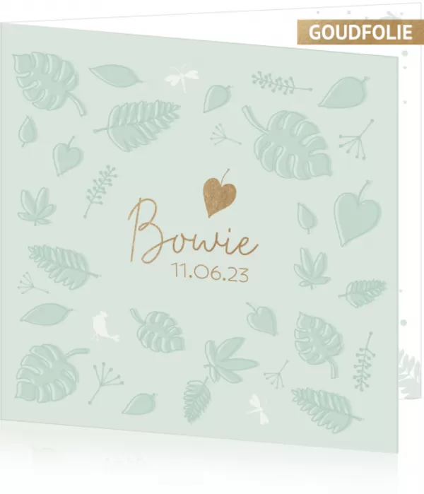 Geboortekaart Bowie - Zachtgroen met gouden blaadje