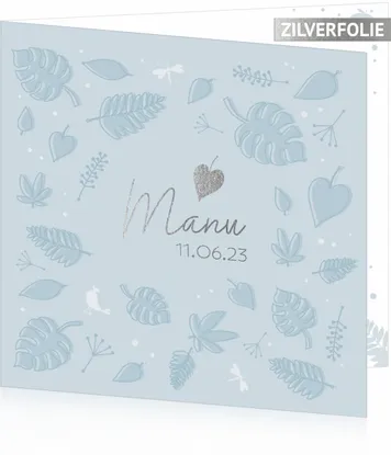 Geboortekaart Manu - babyblauw met zilveren blaadje