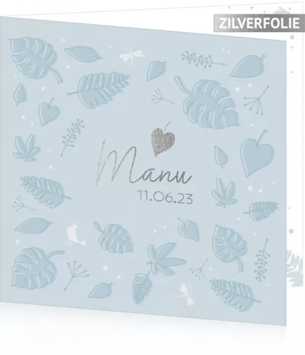 Geboortekaart Manu - babyblauw met zilveren blaadje