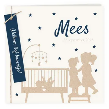Geboortekaart broertje met grote zussen silhouet met label