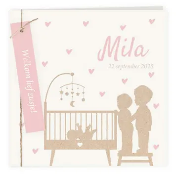 Geboortekaart zusje met grote broers silhouet met label