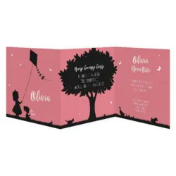 Roze drieluik geboortekaart met twee meisjes silhouet