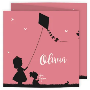 Roze drieluik geboortekaart met twee meisjes silhouet