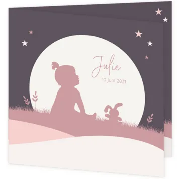 Geboortekaart silhouet meisje met knuffel en maan