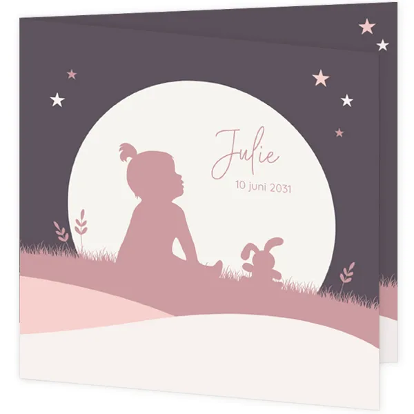 Geboortekaart silhouet meisje met knuffel en maan