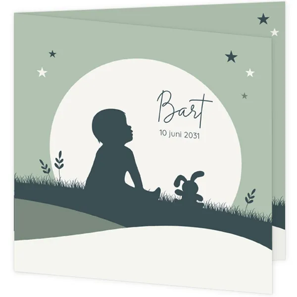 Geboortekaart silhouet jongen met knuffel en maan