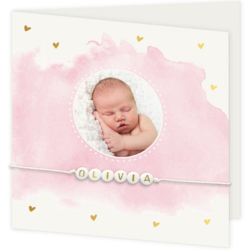 Geboortekaartje aquarel roze met foto en kraaltjes