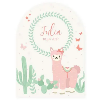 Geboortekaart ronde top enkel met roze alpaca