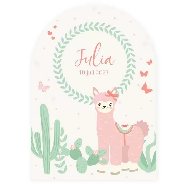 Geboortekaart ronde top enkel met roze alpaca