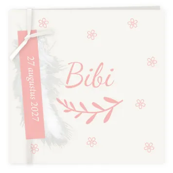 Geboortekaart smalle labels met bloemetjes en veer