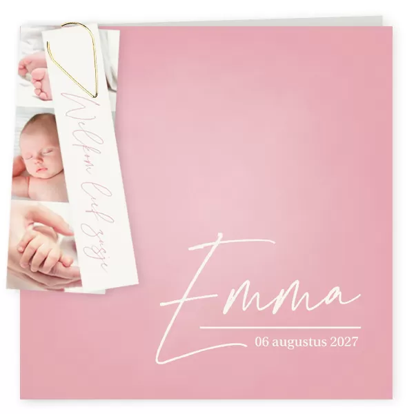 Geboortekaart paperclip fotostrip roze